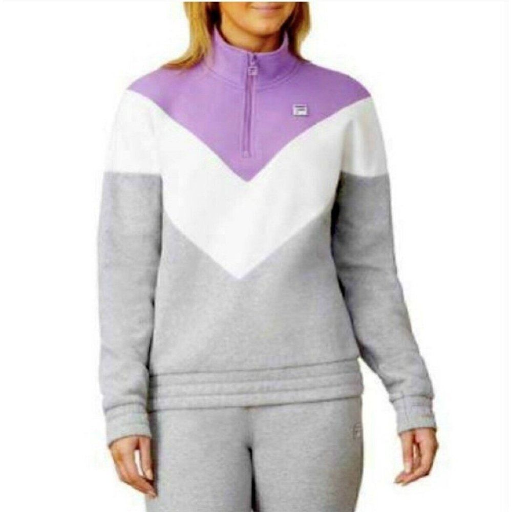 FILA Womens 1/4 Zip Pullover Color block chevron Pattern Lavender White Gray XL